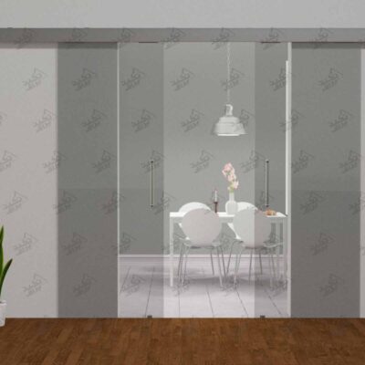نمونه درب نصب شده مکانیزم درب ریلی شیشه ای دولنگه آلباتور مدل 9950، 9951 و 9960