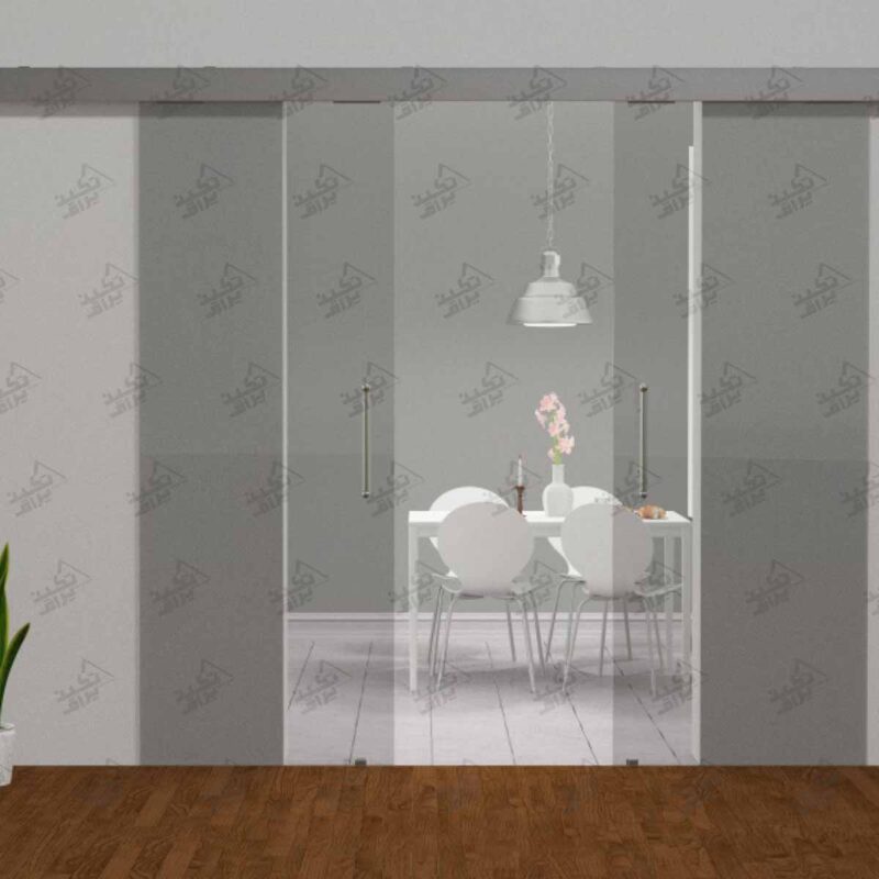 نمونه درب نصب شده مکانیزم درب ریلی شیشه ای دولنگه آلباتور مدل 9950، 9951 و 9960