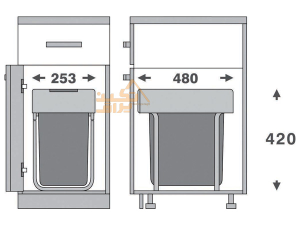 ابعاد سطل زباله کابینتی تک مخزنه فانتونی مدل Q430