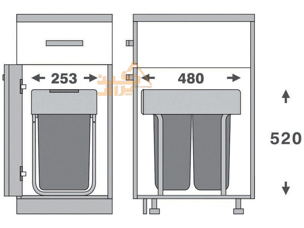 ابعاد سطل زباله دو مخزنه ریلی کابینتی فانتونی مدل Q530