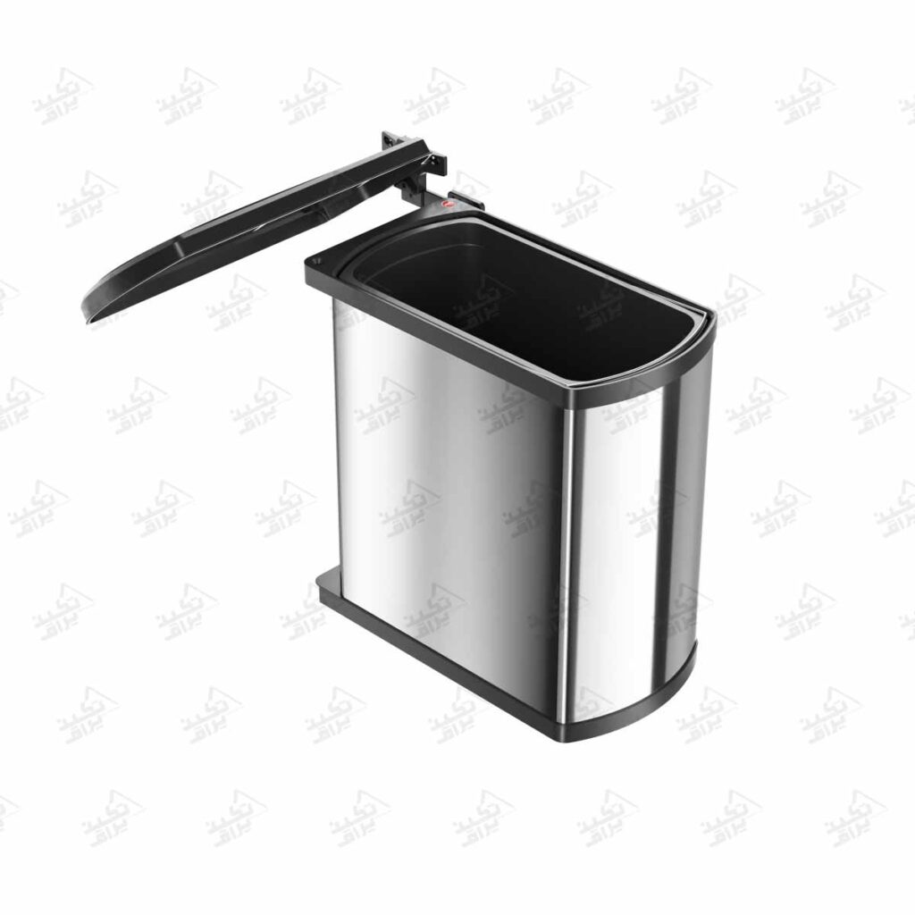 سطل زباله استیل درب دار داخل کابینت آشپزخانه هایلو مدل Q145 پشت زمینه سفید
