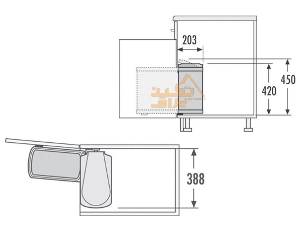 ابعاد سطل زباله استیل درب دار داخل کابینت آشپزخانه هایلو مدل Q145