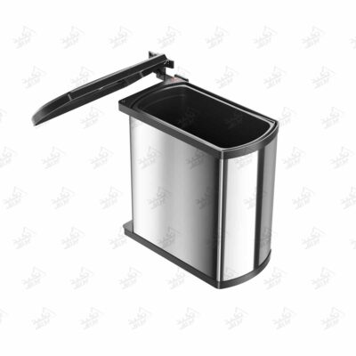 سطل زباله استیل درب دار داخل کابینت آشپزخانه هایلو مدل Q145 پشت زمینه سفید