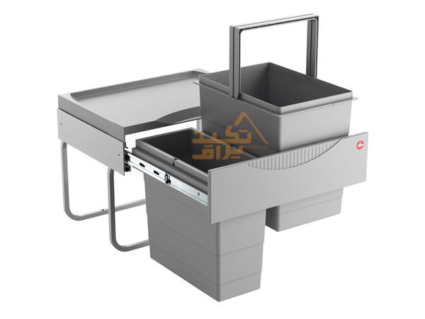 مخزن در حال بیرون آمدن سطل زباله دوقلو داخل کابینت هایلو مدل Q150