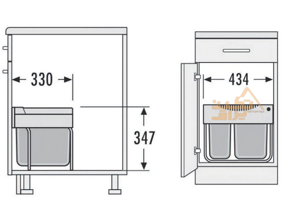 ابعاد سطل زباله دوقلو داخل کابینت هایلو مدل Q150