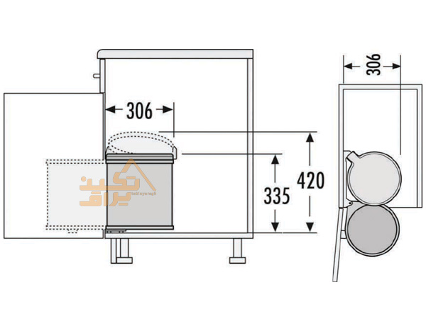 ابعاد سطل زباله کابینتی استیل درب دار هایلو مدل Q340