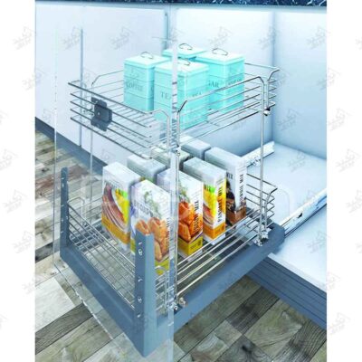 نمونه نصب شده سبد سوپری داخل کابینت ریل کف پلاتین دو طبقه