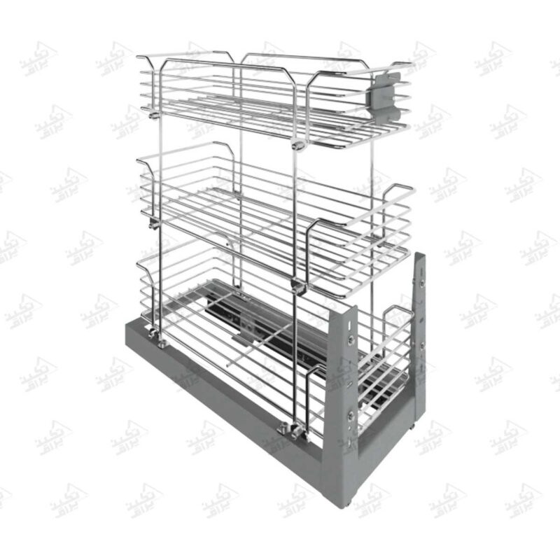 سبد سوپری داخل کابینت ریل کف پلاتین سه طبقه پشت زمینه سفید