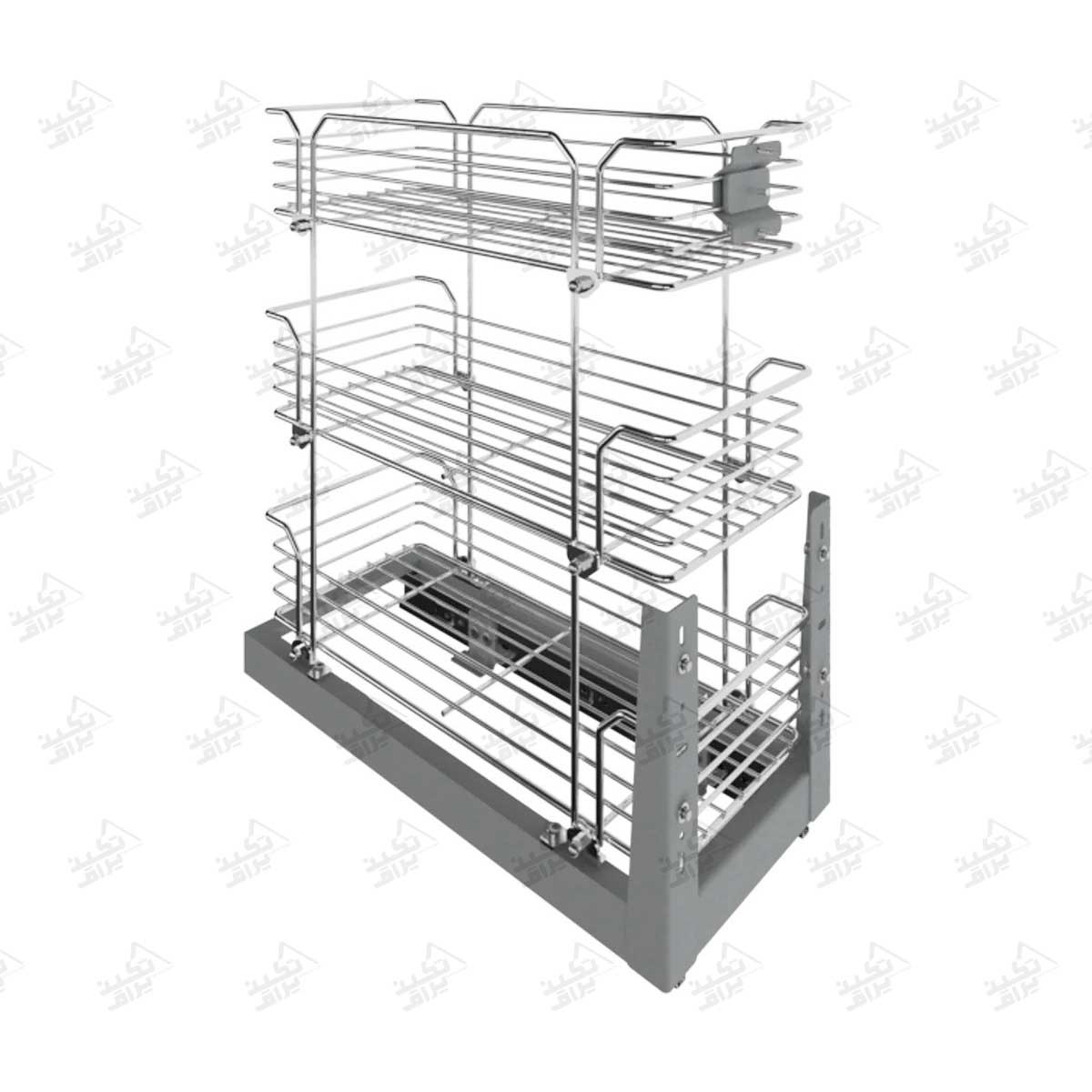 سبد سوپری داخل کابینت ریل کف پلاتین سه طبقه پشت زمینه سفید