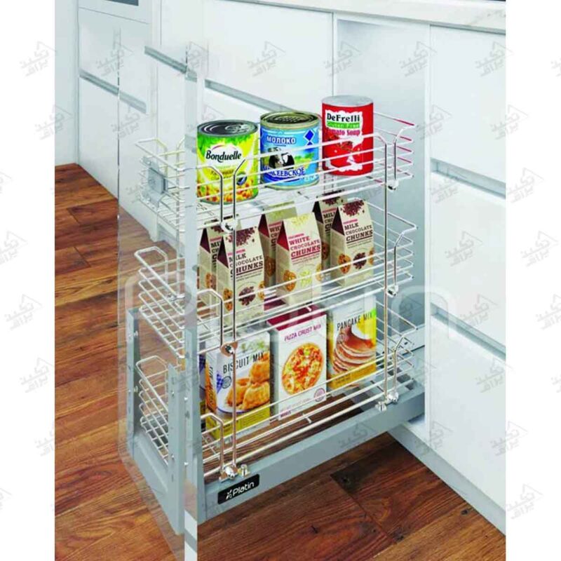 نمونه نصب شده سبد سوپری داخل کابینت ریل کف پلاتین سه طبقه
