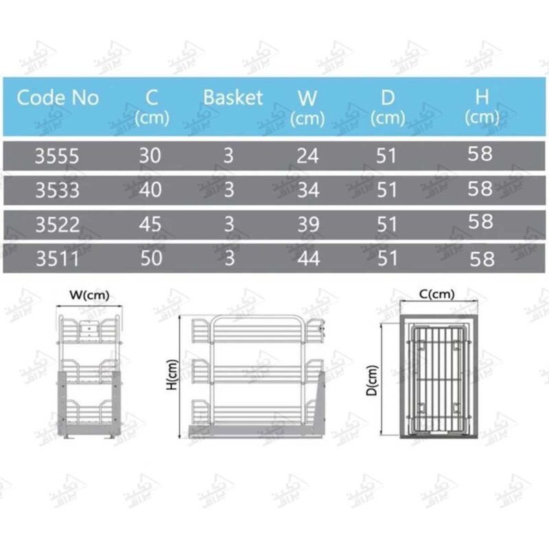 ابعاد سبد سوپری داخل کابینت ریل کف پلاتین سه طبقه